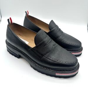 Thom Browne Black Pebble Grain Leather Hiking RWB Stripe Tag Penny Loafers 11